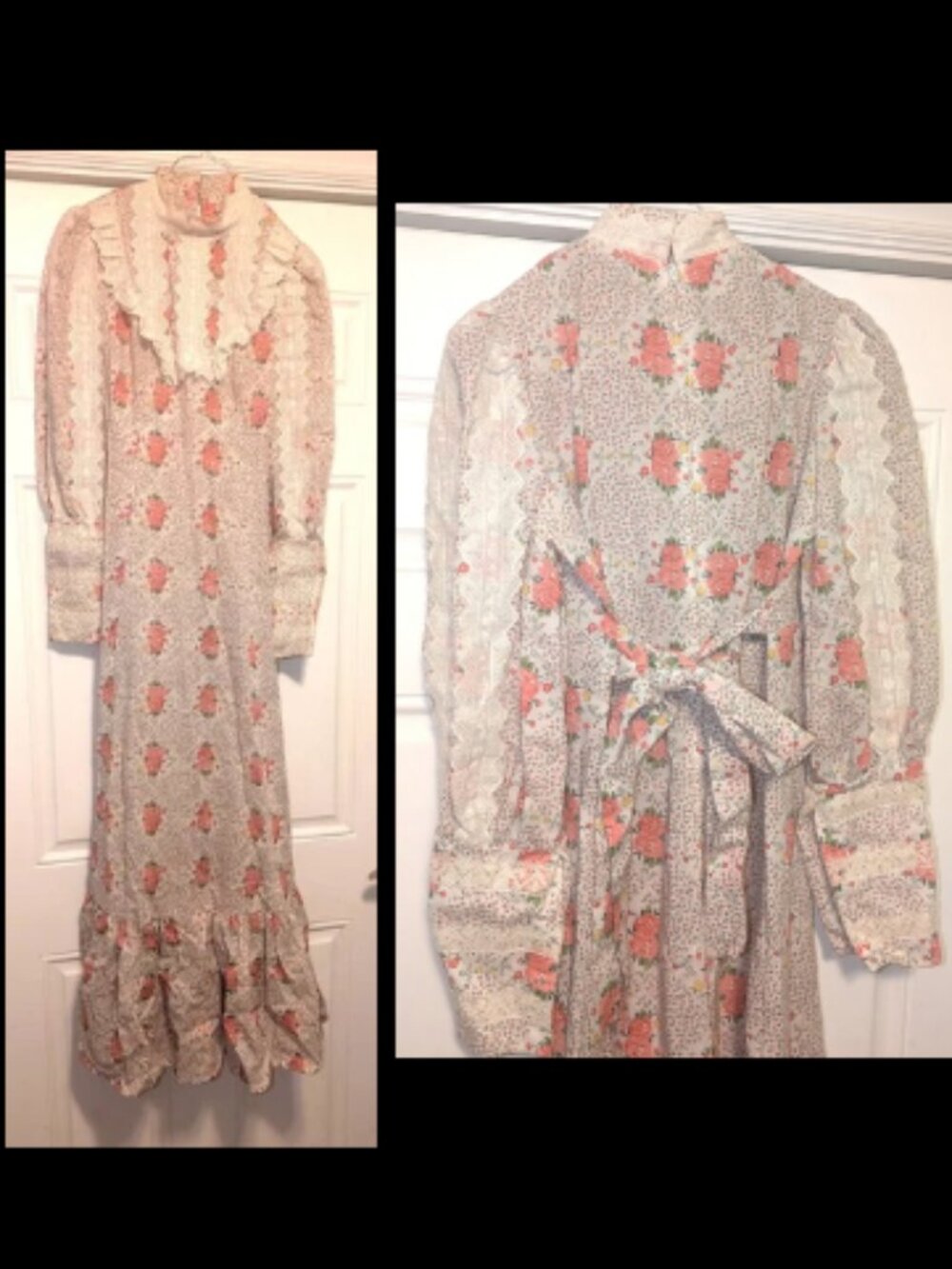 Vintage 70s Floral Print LS Prairie Hippie Boho Maxi Dress Womens S